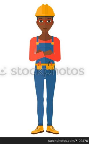 Confident constructor standing with arms crossed vector flat design illustration isolated on white background. . Friendly builder with arms crossed.