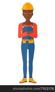 Confident constructor standing with arms crossed vector flat design illustration isolated on white background. . Friendly builder with arms crossed.