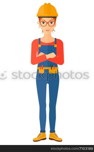 Confident constructor standing with arms crossed vector flat design illustration isolated on white background. Vertical layout.. Friendly builder with arms crossed.