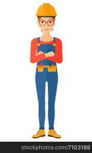 Confident constructor standing with arms crossed vector flat design illustration isolated on white background. Vertical layout.. Friendly builder with arms crossed.