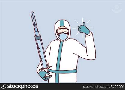 Confident doctor in protective uniform holding injection showing thumb up. Happy medical worker with syringe ready for people vaccination. Medicine, healthcare. Vector illustration.. Doctor in uniform holding injection