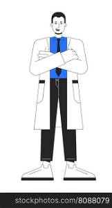 Confident doctor in white coat flat line color vector character. Editable simple outline full body person on white. Healthcare clinic cartoon spot illustration for web graphic design and animation. Confident doctor in white coat flat line color vector character