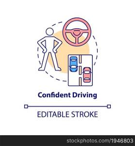 Confident driving concept icon. Driving school result abstract idea thin line illustration. Learning and practice. Experienced driver. Vector isolated outline color drawing. Editable stroke. Confident driving concept icon