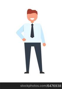 Confident Faceless Businessman in White T-shirt. Confident faceless businessman in white t-shirt and trousers holds arm on waist vector illustration. Office worker in tie, professional manager icon