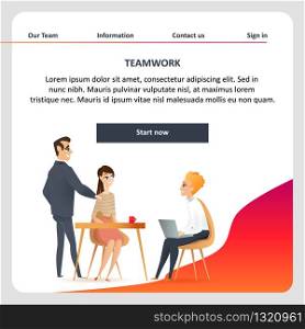 Confident Freelance Character Meeting on Coworking. Smiling Man Sitting on Chair with Laptop. Teamwork of Male and Female Freelancer in Shared Workplace. Flat Cartoon Vector Illustration. Confident Freelance Character Meeting on Coworking