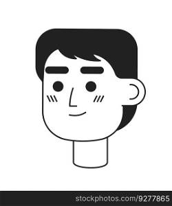Confident good looking young adult man monochrome flat linear character head. Smiling asian guy. Editable outline hand drawn human face icon. 2D cartoon spot vector avatar illustration for animation. Confident good looking young adult man monochrome flat linear character head