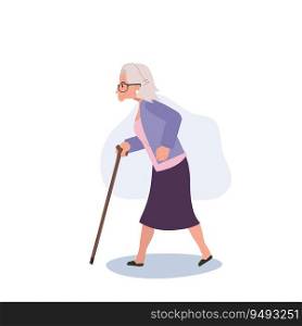 Confident Granny , elderly woman is Walking with cane Stick. Active outdoor lifestyle. Flat vector cartoon illustration