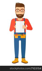 Confident hipster builder with the beard making some notes in his tablet vector flat design illustration isolated on white background. Vertical layout.. Confident builder with tablet.