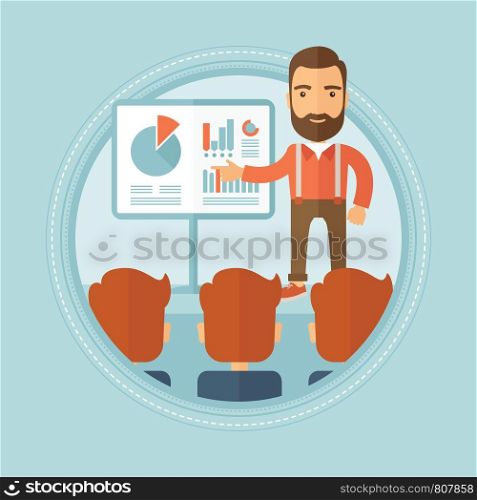 Confident hipster caucasian businessman with the beard pointing at financial charts on a board during business presentation. Vector flat design illustration in the circle isolated on background.. Businessman giving business presentation.