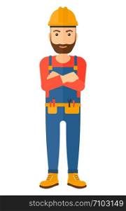 Confident hipster constructor standing with arms crossed vector flat design illustration isolated on white background. Vertical layout.. Friendly builder with arms crossed.