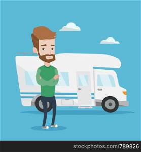 Confident hipster man with the beard standing in front of motor home. Young caucasian man with arms crossed enjoying his vacation in camper van. Vector flat design illustration. Square layout.. Man standing in front of motor home.