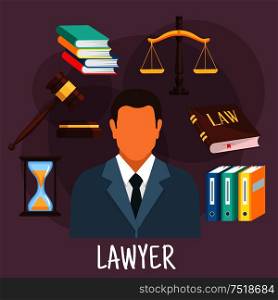 Confident lawyer in business suit icon with scales of justice, law book and gavel of judge, pile of books, hourglass and folders with cases. Legal protection and lawyer services design. Flat style. Lawyer profession flat icon with justice symbols