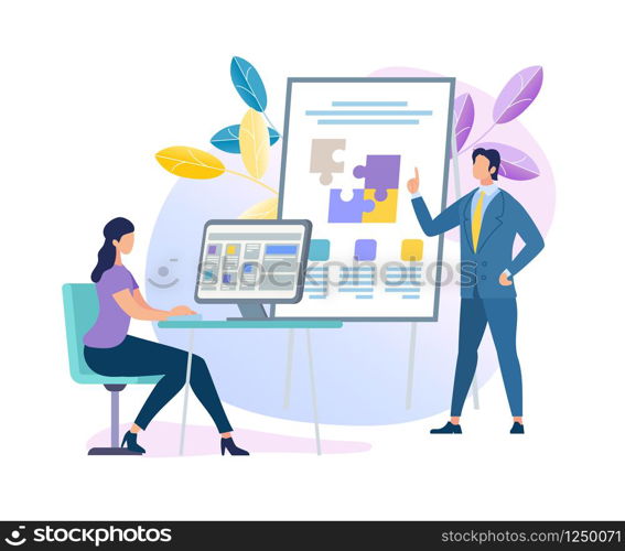 Confident Male Business Coach Character Making Presentation Pointing on Flip Board with Puzzle Pieces for Freelance Young Woman Sitting on Chair at Desk with Computer. Cartoon Flat Vector Illustration. Business Coach Character Making Presentation