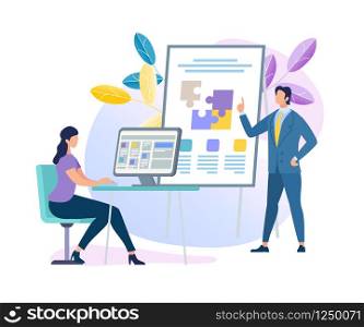 Confident Male Business Coach Character Making Presentation Pointing on Flip Board with Puzzle Pieces for Freelance Young Woman Sitting on Chair at Desk with Computer. Cartoon Flat Vector Illustration. Business Coach Character Making Presentation