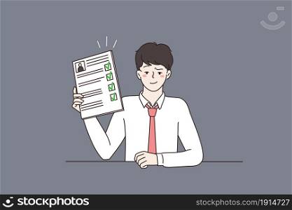 Confident male job candidate hold CV with all filled form application. Successful man work applicant show excellent experience at interview. Employment, recruitment, hiring. Vector illustration. . Confident male job applicant show perfect CV