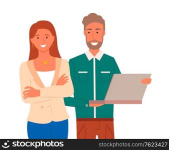 Confident man and woman with laptop, isolated workers. Vector male and female partners, business people in flat design cartoon style. Coworking and cooperation. Confident Man and Woman with Laptop, Isolated