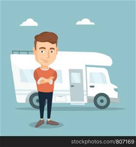 Confident man standing with arms crossed in front of motor home. Young caucasian man enjoying his vacation in motor home. Vector flat design illustration. Square layout.. Man standing in front of motor home.
