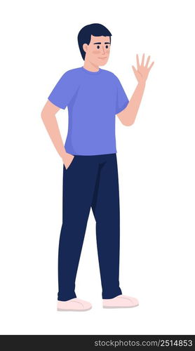 Confident man waving hand semi flat color vector character. Standing figure. Full body person on white. Greeting with smile simple cartoon style illustration for web graphic design and animation. Confident man waving hand semi flat color vector character