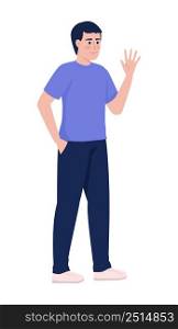 Confident man waving hand semi flat color vector character. Standing figure. Full body person on white. Greeting with smile simple cartoon style illustration for web graphic design and animation. Confident man waving hand semi flat color vector character