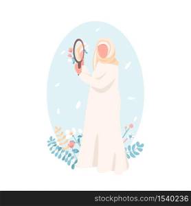 Confident muslim girl flat color vector faceless character. Women empowerment. Self acceptance for woman. Self love isolated cartoon illustration for web graphic design and animation. Confident muslim girl flat color vector faceless character