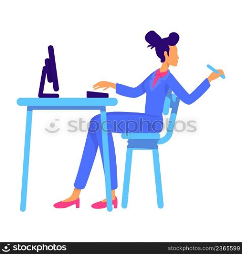 Confident office lady sitting at table semi flat color vector character. Full body person on white. Businesswoman. Modern woman simple cartoon style illustration for web graphic design and animation