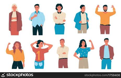 Confident people. Happy cartoon students and office characters. Isolated standing successful workers with self-affirmative gestures. Smiling young men and women achieved goals. Vector team leaders set. Confident people. Happy cartoon students and office characters. Standing successful workers with self-affirmative gestures. Smiling men and women achieved goals. Vector team leaders set