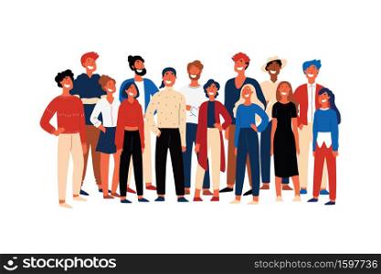 Confident people, student society members, cheerful volunteers standing together, smiling young men. Happy activists, multiethnic group concept cartoon sketch. Flat vector illustration. Confident people, student society members, cheerful volunteers standing together, smiling young men