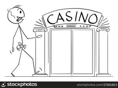 Confident rich person is going to play cards and roulette in casino, vector cartoon stick figure or character illustration.. Confident Wealthy Person going to Play Roulette and Cards in Casino , Vector Cartoon Stick Figure Illustration