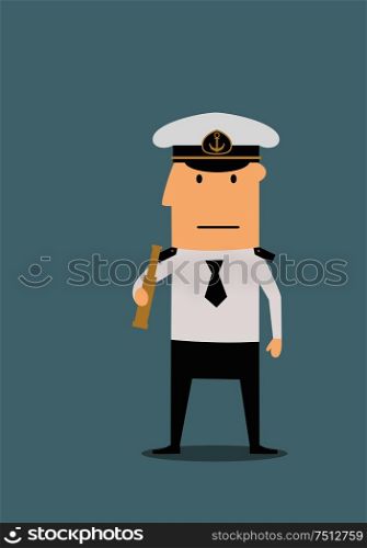 Confident sea captain in white uniform shirt and peaked cap, with spyglass in hand, for profession theme concept. Cartoon flat style. Sea captain in uniform with spyglass