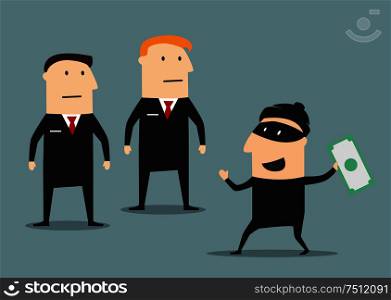 Confident security guards caught the thief in black with stolen money in hand. Cartoon flat style. Security guards caught the thief with money