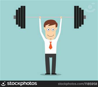 Confident smiling businessman lifting a heavy barbell for success business concept design. Cartoon flat style. Confident businessman lifting a heavy barbell