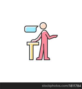 Confident speaking RGB color icon. Assertive public speaker. Expressing opinions with conviction. Showing mental toughness. Public discussion. Isolated vector illustration. Simple filled line drawing. Confident speaking RGB color icon