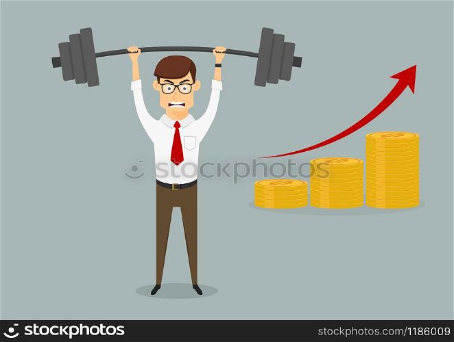 Confident successful businessman lifting dumbbell above head with increasing bar graph of golden coins, for goal achievement or success themes design. Businessman holding heavy dumbbell above head