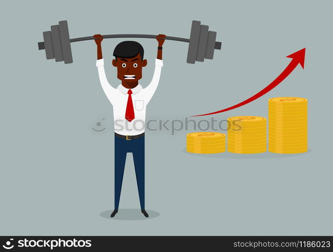 Confident successful businessman lifting dumbbell above head with increasing bar graph of golden coins, for goal achievement or success themes design