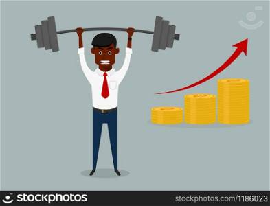 Confident successful businessman lifting dumbbell above head with increasing bar graph of golden coins, for goal achievement or success themes design