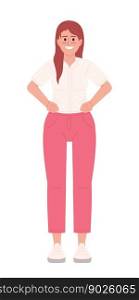 Confident woman putting hands on hips semi flat color vector character. Editable figure. Full body person on white. Simple cartoon style spot illustration for web graphic design and animation. Confident woman putting hands on hips semi flat color vector character