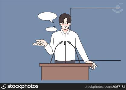 Confident young businessman talk present at business seminar. Successful man speaker or coach speak at educational training or course. Public presentation. Education. Flat vector illustration. . Male speaker talk at business presentation or seminar