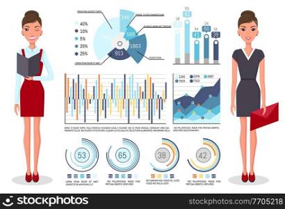 Confident young woman gives a report, serious businesswoman standing near demo poster with performance charts and digital data. Business presentation and project management concept vector illustration. Confident young woman gives a report, businesswoman standing near demo poster with digital data