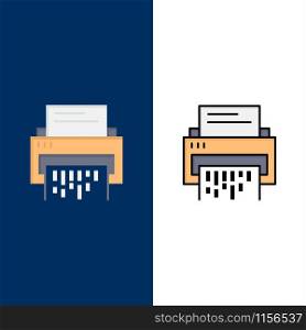 Confidential, Data, Delete, Document, File, Information, Shredder Icons. Flat and Line Filled Icon Set Vector Blue Background