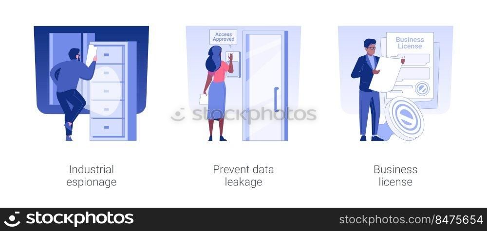 Confidential data isolated concept vector illustration set. Industrial espionage, prevent data leakage, business license, trade secret, wireless key, corporate paperwork vector cartoon.. Confidential data isolated concept vector illustrations.