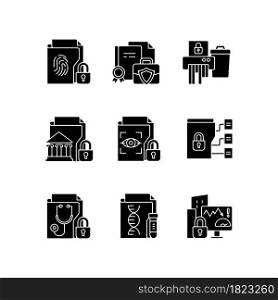 Confidential information types black glyph icons set on white space. Biometric data. Trade secrets. Confidential waste. National security. Silhouette symbols. Vector isolated illustration. Confidential information types black glyph icons set on white space