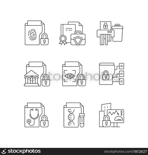 Confidential information types linear icons set. Biometric data. Paper shredding. National security. Customizable thin line contour symbols. Isolated vector outline illustrations. Editable stroke. Confidential information types linear icons set