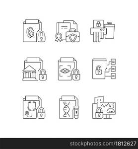 Confidential information types linear icons set. Biometric data. Paper shredding. National security. Customizable thin line contour symbols. Isolated vector outline illustrations. Editable stroke. Confidential information types linear icons set