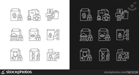 Confidential information types linear icons set for dark and light mode. Biometric data. Paper shredding. Customizable thin line symbols. Isolated vector outline illustrations. Editable stroke. Confidential information types linear icons set for dark and light mode