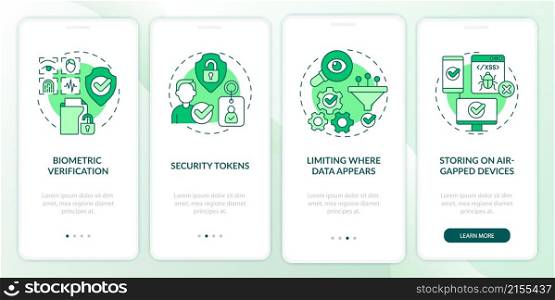 Confidentiality countermeasures green onboarding mobile app screen. Safe walkthrough 4 steps graphic instructions pages with linear concepts. UI, UX, GUI template. Myriad Pro-Bold, Regular fonts used. Confidentiality countermeasures green onboarding mobile app screen