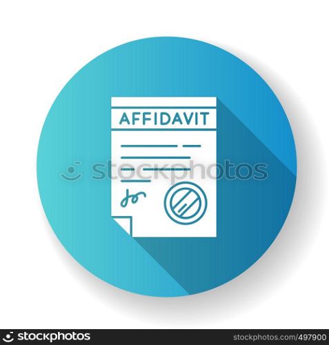 Confirmed affidavit blue flat design long shadow glyph icon. Signed notarized document. Apostille and legalization. Written statement. Declaration. Notary services. Silhouette RGB color illustration