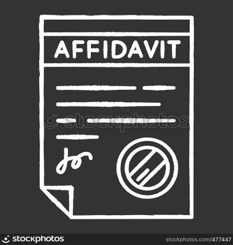Confirmed affidavit chalk white icon on black background. Signed notarized document. Apostille and legalization. Written statement. Notary services. Isolated vector chalkboard illustration