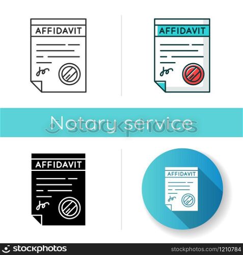 Confirmed affidavit icon. Signed notarized document. Apostille and legalization. Written statement. Declaration. Notary services. Linear black and RGB color styles. Isolated vector illustrations