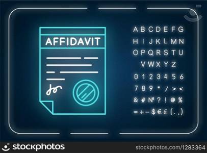Confirmed affidavit neon light icon. Document. Apostille. Written statement. Declaration. Outer glowing effect. Sign with alphabet, numbers and symbols. Vector isolated RGB color illustration