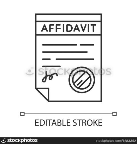 Confirmed affidavit pixel perfect linear icon. Written statement. Declaration. Legal paper. Thin line customizable illustration. Contour symbol. Vector isolated outline drawing. Editable stroke